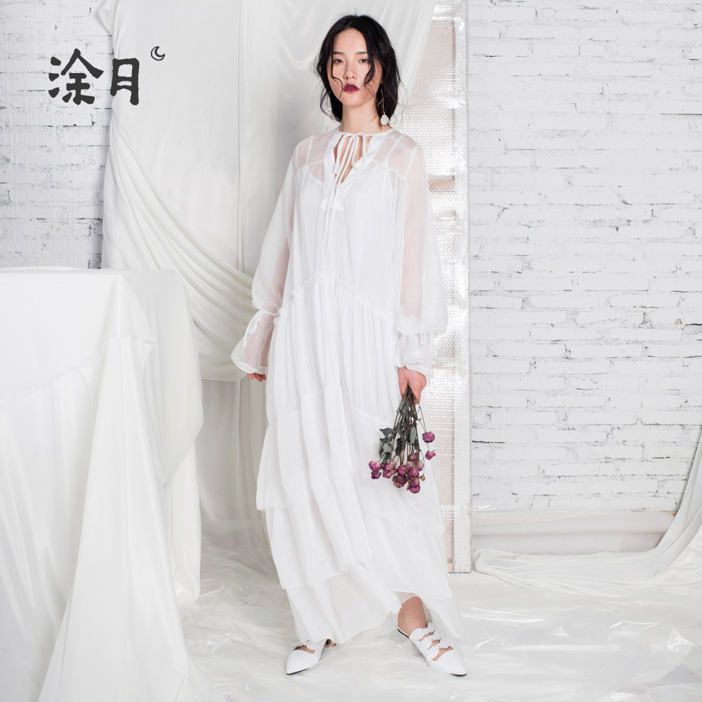 TUYUE coated moon original gown dress with white perspective V collar two-piece irregular skirt hem skirt