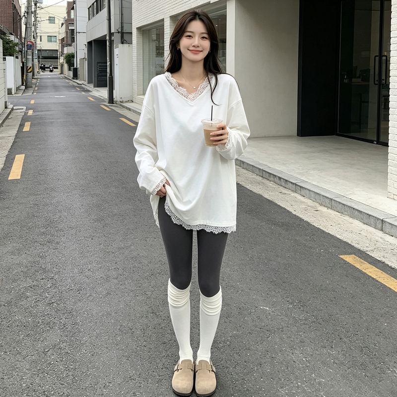 Casual and Lazy Style White Long-Sleeved T-Shirt for Women 2026 New V-Neck Lace Trim Loose Mid-Length Korean Style Top Casual and Lazy Style White Long-Sleeved T-Shirt for Women 2026 New V-Neck Lace Trim Loose Mid-Length Korean Style Top