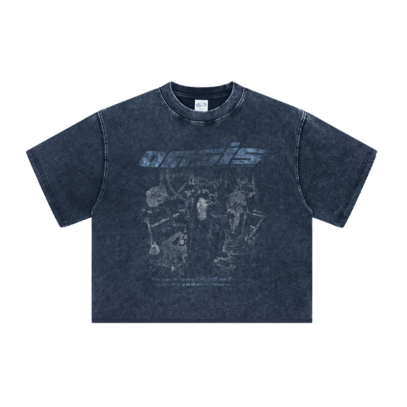 Pyt Rock Band Oasis American-Style Printed Short-Sleeve T-Shirt Pure Cotton Short Wide Silhouette Boxy Half-Sleeve Washed and Distressed Pyt Rock Band Oasis American-Style Printed Short-Sleeve T-Shirt Pure Cotton Short Wide Silhouette Boxy Half-Sleeve Washed and Distressed
