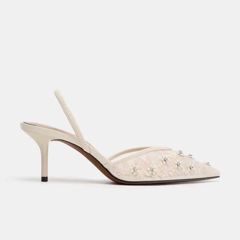 Za2026 Spring and Summer New Style Beaded Embroidered Mesh Pointed Toe Slingback High Heels Sexy Stiletto Toe-Cap Sandals for Women
