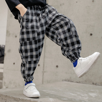 Boys lattice pants 2021 autumn childrens pants Spring and Autumn Tide boys casual sweatpants in big children plus Velvet