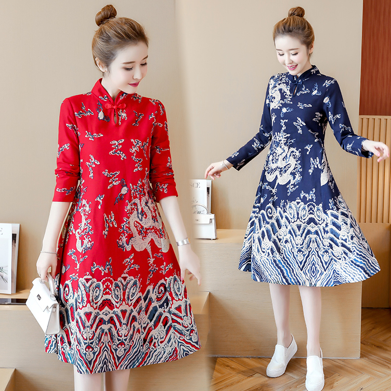 Spring and Summer New Long-Sleeved Cotton and Linen Improved Cheongsam Dress Women's Mid-Length Daily Printed Dress