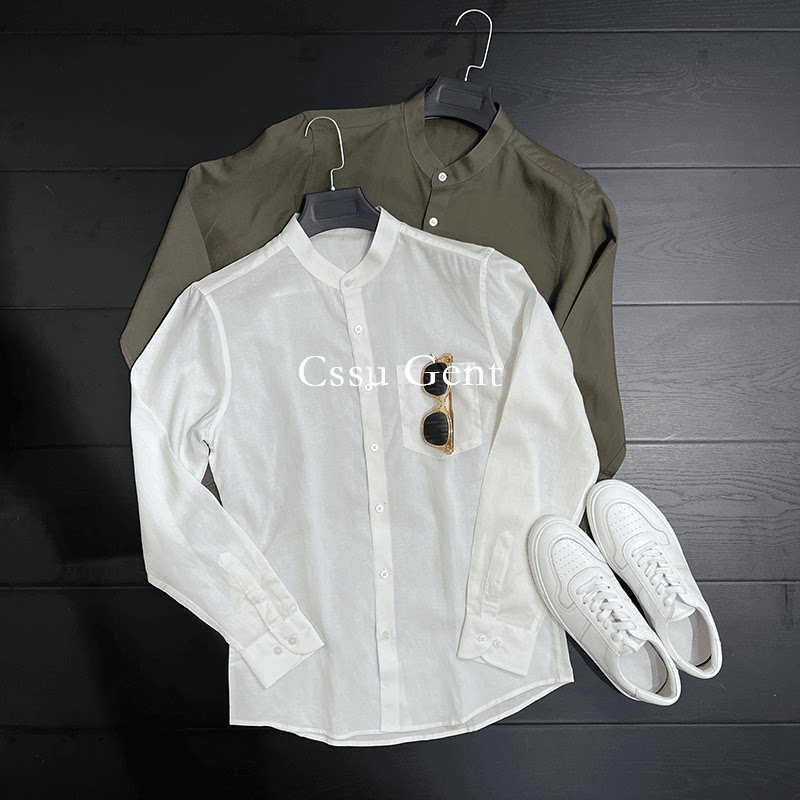 春夏新品立领莱赛尔天丝亚麻立领衬衫男士轻熟商务简约透气衬衣