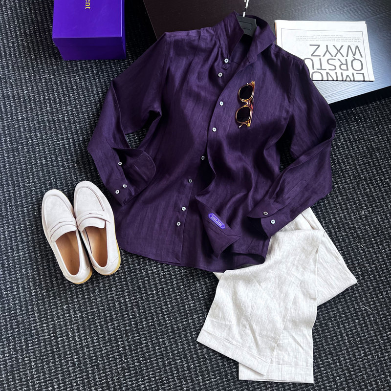 Cssugent Naples Queen 100% Linen Old Money Style Elegant Purple Long Sleeve Shirt Men's Gentleman Shirt Trendy