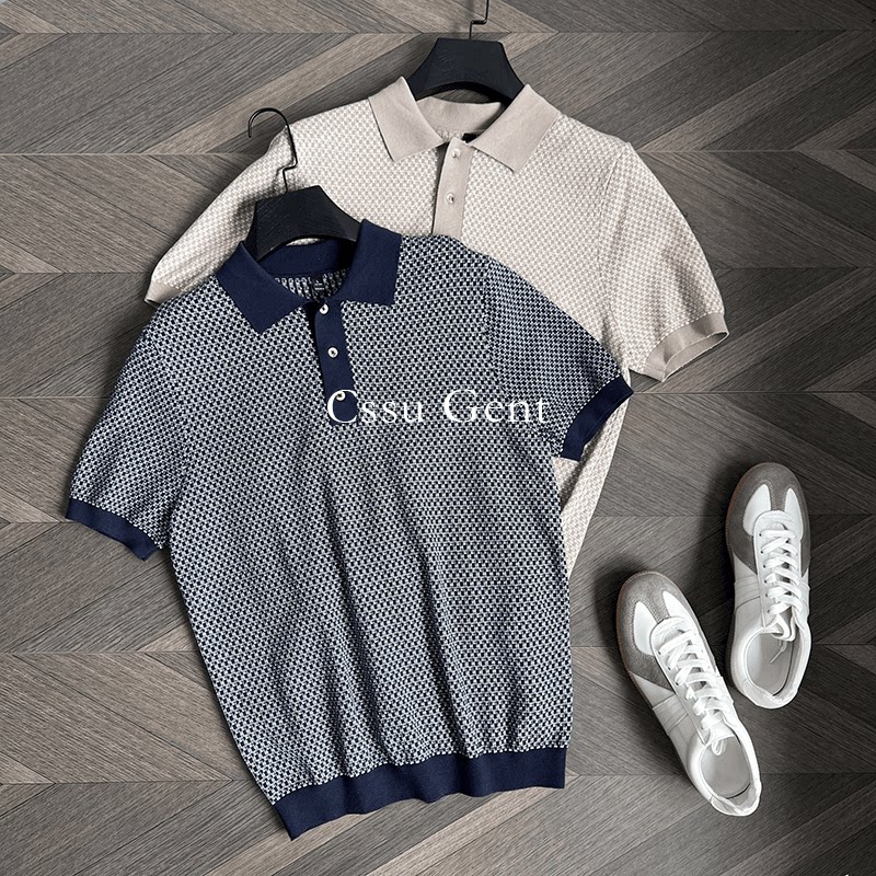 CssuGent 夏季100%棉绅士修身翻领千鸟格针织短袖Polo衫男舒适