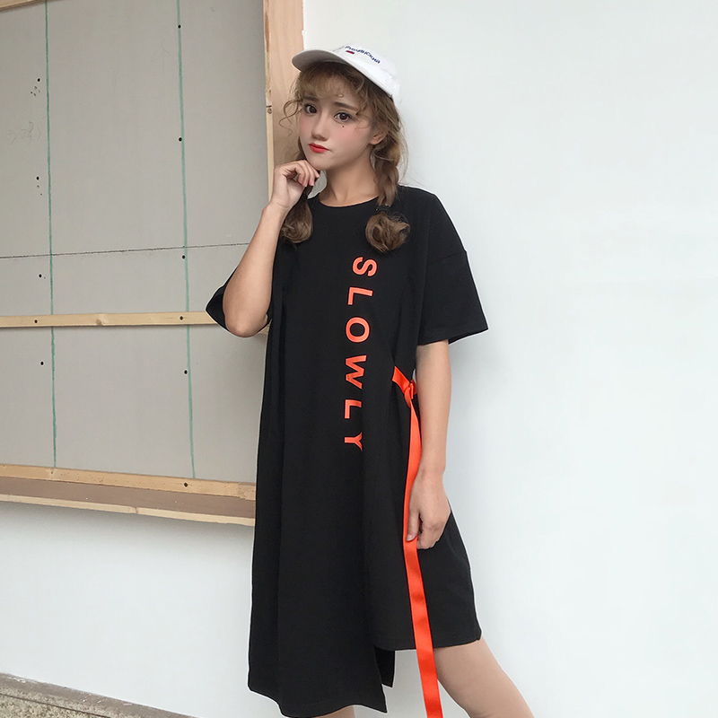 Áo thun ngắn tay nữ rộng cỡ lớn ulzzang hè mới dài học sinh in siêu váy đầm dạ hội váy ngủ mùa đông