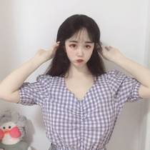 2020 Summer new Korean version of waist plaid short shirt bubble sleeve niche doll shirt Women design sense top