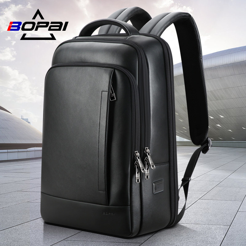 BOPAI brand leather backpack men's business casual first layer cowhide computer bag leather travel backpack