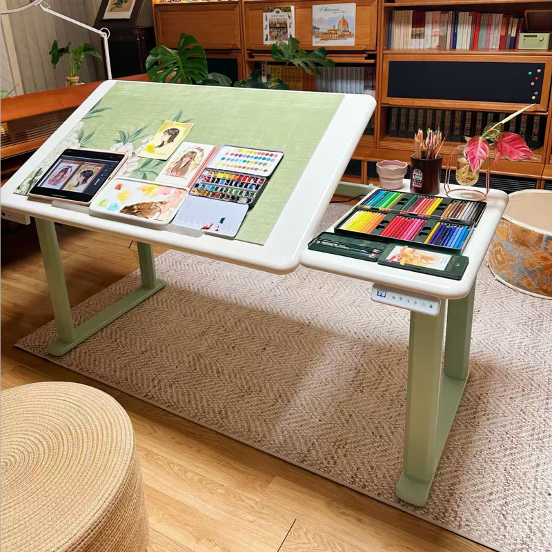 Nakupenda Electric Tilt-Lift Movable Drawing Table, Solid Wood Puzzle Office Study Large White Table