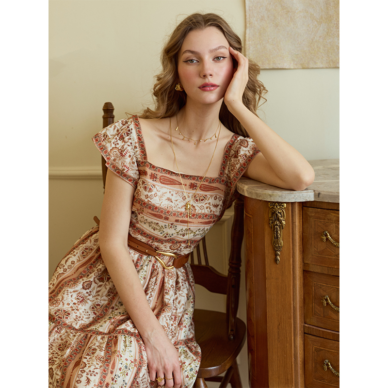 Mr Water Water Drop Gentleman French Retro Tencel Bohemian Ethnic Style Women's Mid-Length Printed Dress Mr Water Water Drop Gentleman French Retro Tencel Bohemian Ethnic Style Women's Mid-Length Printed Dress