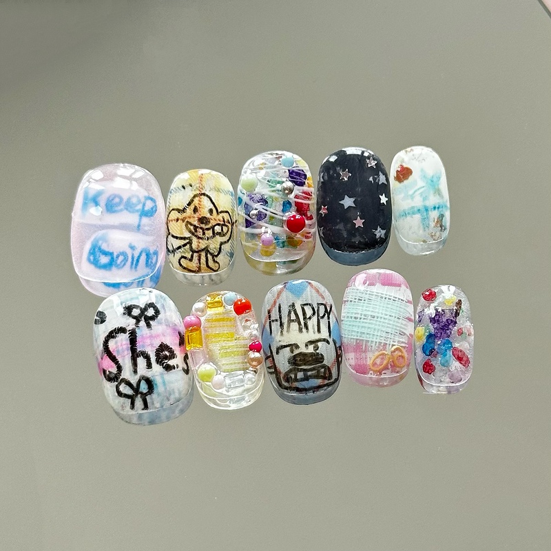 Yj Colorful Graffiti Handmade Wearable Nails ins Cute Short Nails Summer Nail Art High-End Fake Nail Stickers