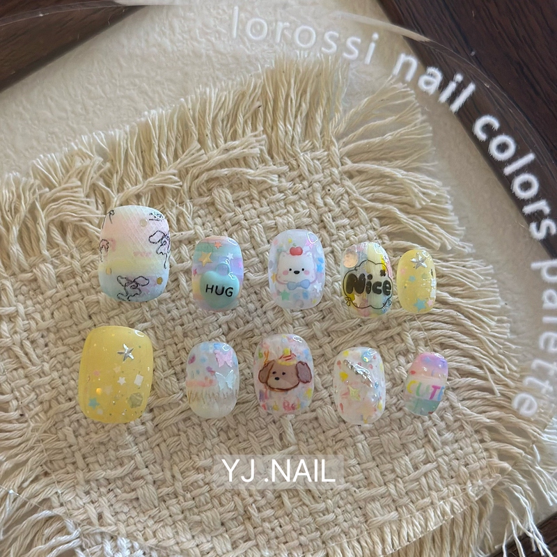 Yj Handmade Wearable Nails ins Korean Style Short Nails Cute Dog Nail Art Cartoon Painted Fake Nails Short Square Round