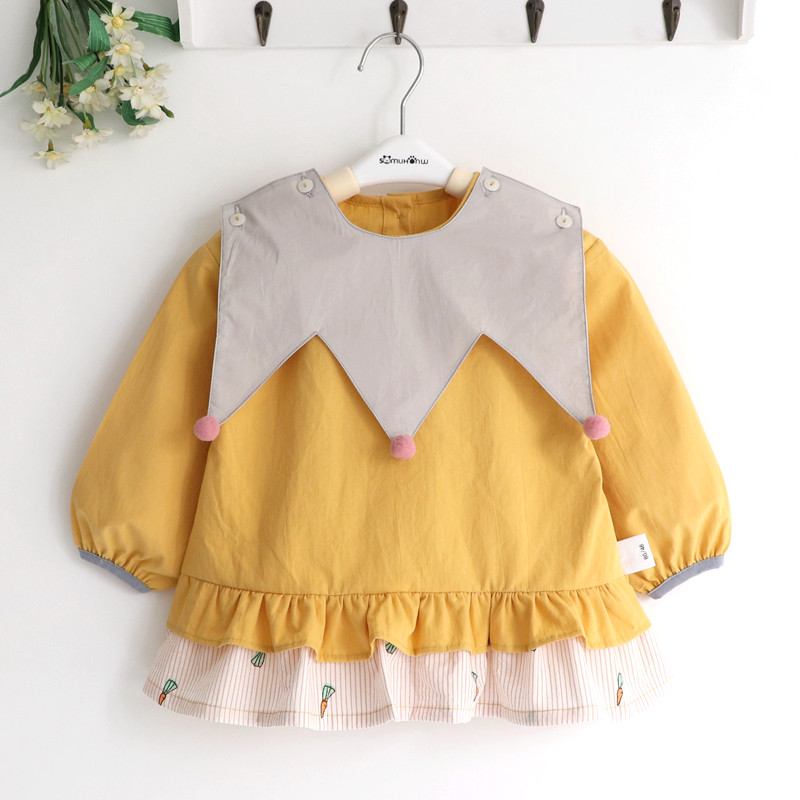 New fur ball crown children's spring, autumn and winter pure cotton girl long-sleeved waterproof coverall baby bib detachable