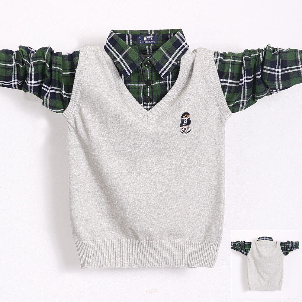 Special clearance cotton spring and autumn boys sweater cotton thin section pullover children's clothing fake two knitwear loose version