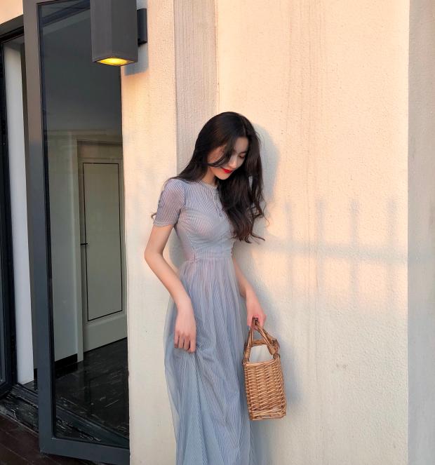 VK旗艦店 韓系針織網紗高腰甜美仙女短袖洋裝