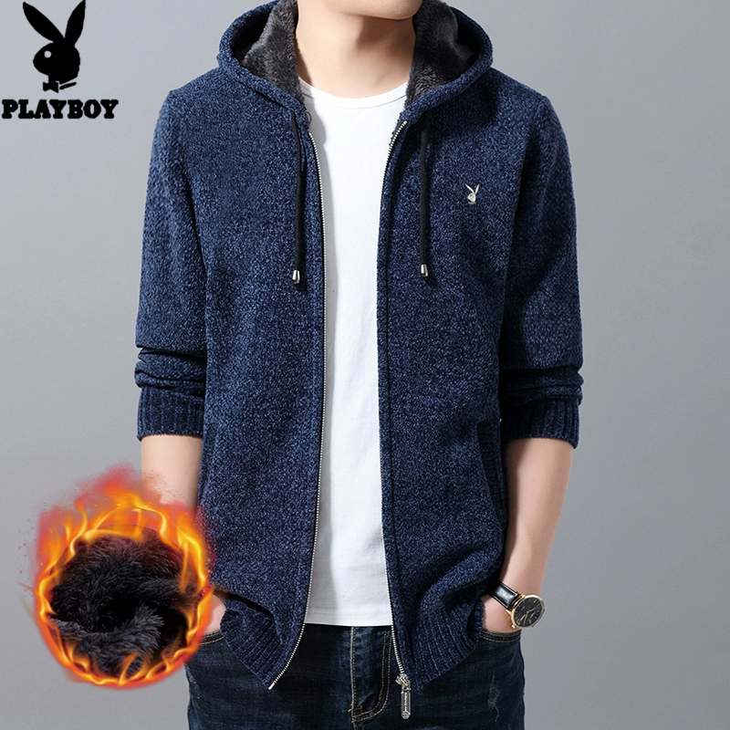 Playboy mùa đông cộng với nhung dệt kim cardigan áo khoác nam dây kéo trùm đầu nhung dày áo len ấm áp thủy triều - Cardigan