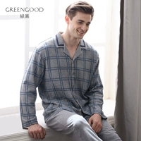 Màu xanh lá cây mùa thu mới bộ đồ ngủ nam cotton dài tay áo len kẻ sọc mạng lưới tăng do ngu nam