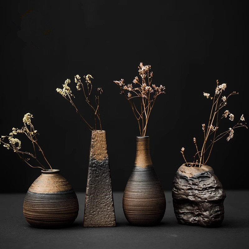 Zen-Inspired Flower Vessel, Handmade Rustic Pottery Vase, Japanese-Style Retro Ceramic Flower Arrangement, Tea Table Hydroponic Dried Flower Arrangement, Handicraft Ornament