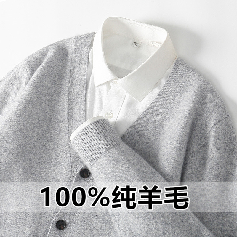 Autumn and Winter 100% Pure Wool Cardigan Men's Loose Youth Cashmere Jacket V-Neck Large Size Buttoned Knitwear Knitwear