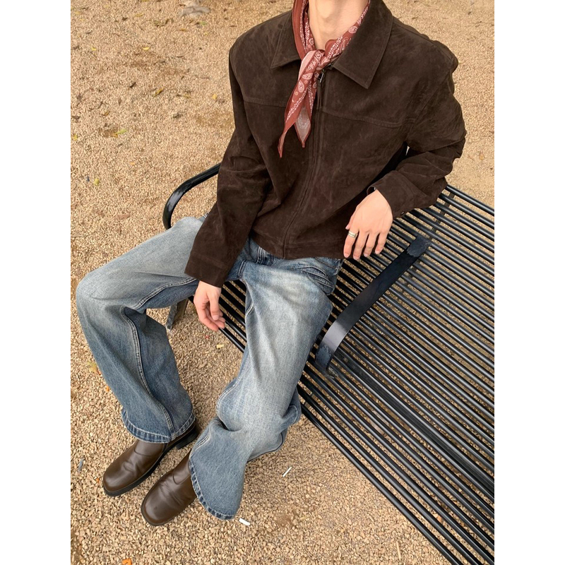 American Retro Brown Lapel Barn-Style Suede-Like Zipper Jacket Cleanfti Short Wide Shoulder Slim Fit Coat