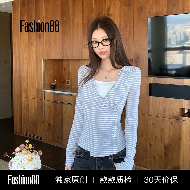 Iamannieww Spring and Autumn Women's Tops, Irregular Collar Shirts, Stylish Buttoned T-Shirts, Slimming Base Layer