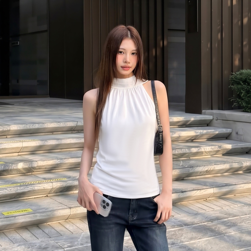 Iamannieww2026 New Summer Women's Camisole with Ribbon, Stand-Up Collar, Patchwork, Halter Neck, Stylish Versatile Top