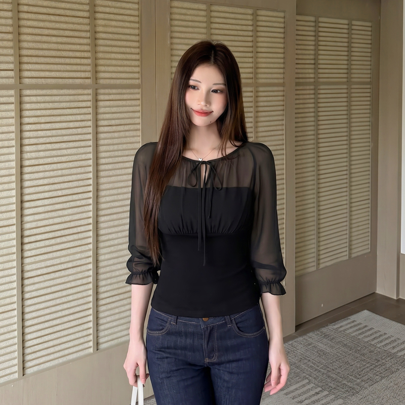 Iamannieww2026 New Summer Women's Shirt with a Vacation Vibe, Retro Slightly Sheer Patchwork Tie-Up Puff Sleeve Top