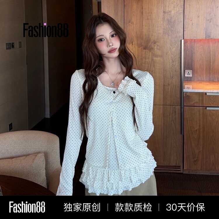 Iamannieww Spring and Autumn Women's Tops Polka Dot Fake Two-Piece Slimming Ruffled Knit T-Shirt Base Shirt Trendy