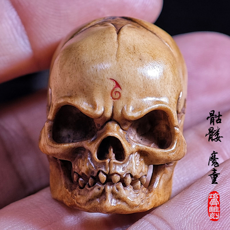 Skull Demon Child Three-Way Buddha Head Bracelet with Cloud Back, Hand-Held Pendant, Cultural Accessory, Deer Antler Mammoth Carving A18