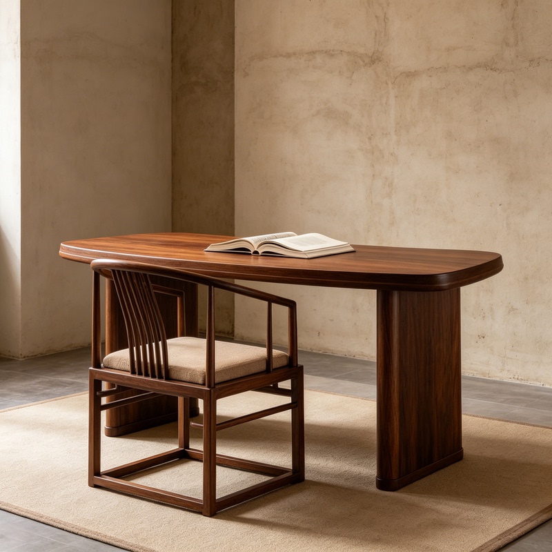 New Chinese-Style Walnut Solid Wood Desk, Arc-Shaped Zen-Inspired Calligraphy and Painting Tea Table, Simple Office and Tea-Making Dual-Purpose Long Table