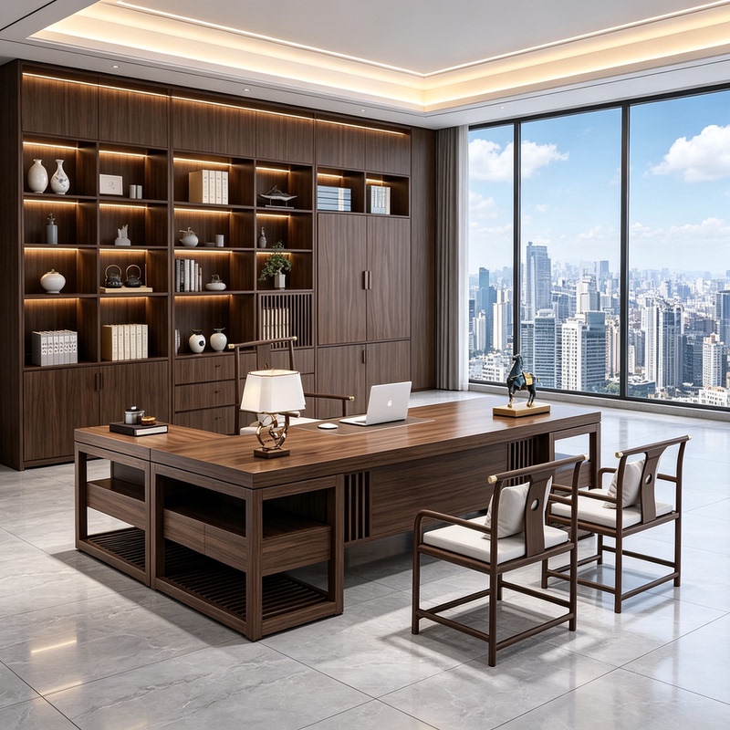 New Chinese-Style Walnut Wood Hollow Vertical Grille Desk with Storage Side Cabinet, Lighted Display Shelf, Tea Room Office Desk and Chair Set