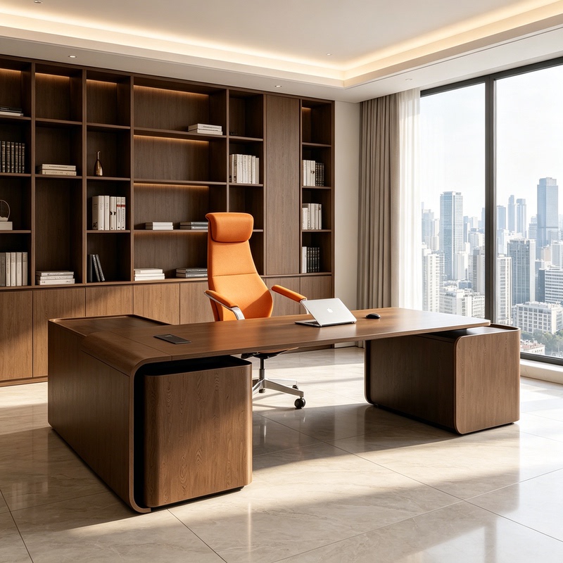 Minimalist Arc-Shaped Walnut Executive Desk with Creative Double-Side Cabinet Design, Modern Light Luxury Ceo Single-Person Boss Office Desk Minimalist Arc-Shaped Walnut Executive Desk with Creative Double-Side Cabinet Design, Modern Light Luxury Ceo Single-Person Boss Office Desk
