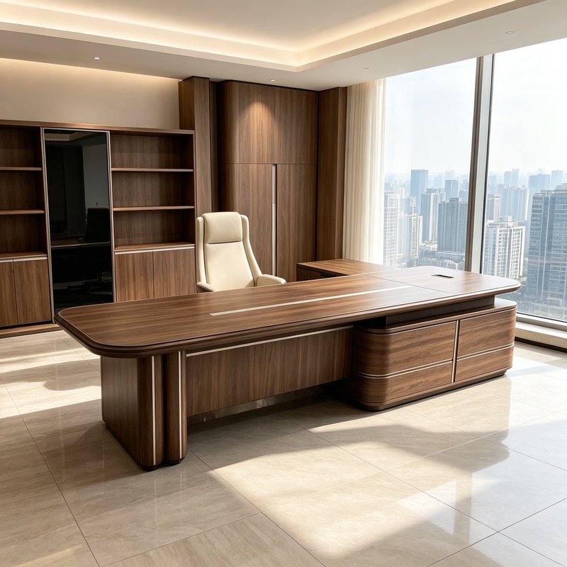 Light Luxury Walnut Wood L-Shaped Executive Desk with Silver Lines and Rounded Corners, Double-Sided Storage Side Cabinet, Ceo Office Desk Light Luxury Walnut Wood L-Shaped Executive Desk with Silver Lines and Rounded Corners, Double-Sided Storage Side Cabinet, Ceo Office Desk