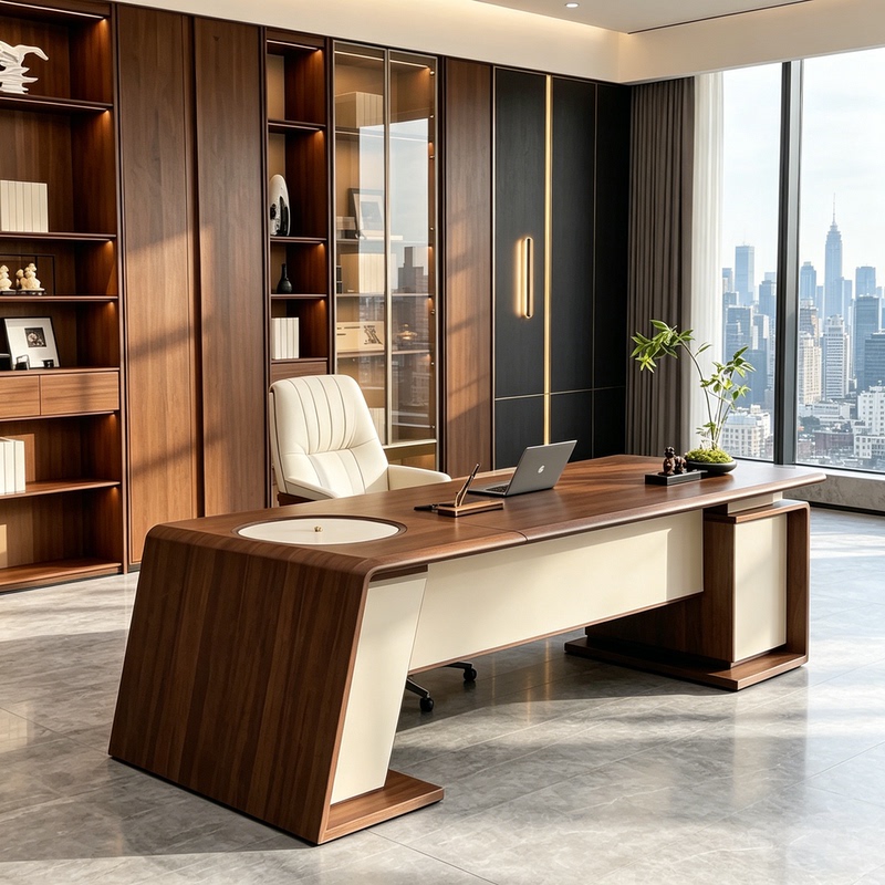 New Chinese-Style Modern Minimalist Walnut Executive Desk, Light Luxury Soft-Covered Solid Wood High-End Executive Desk