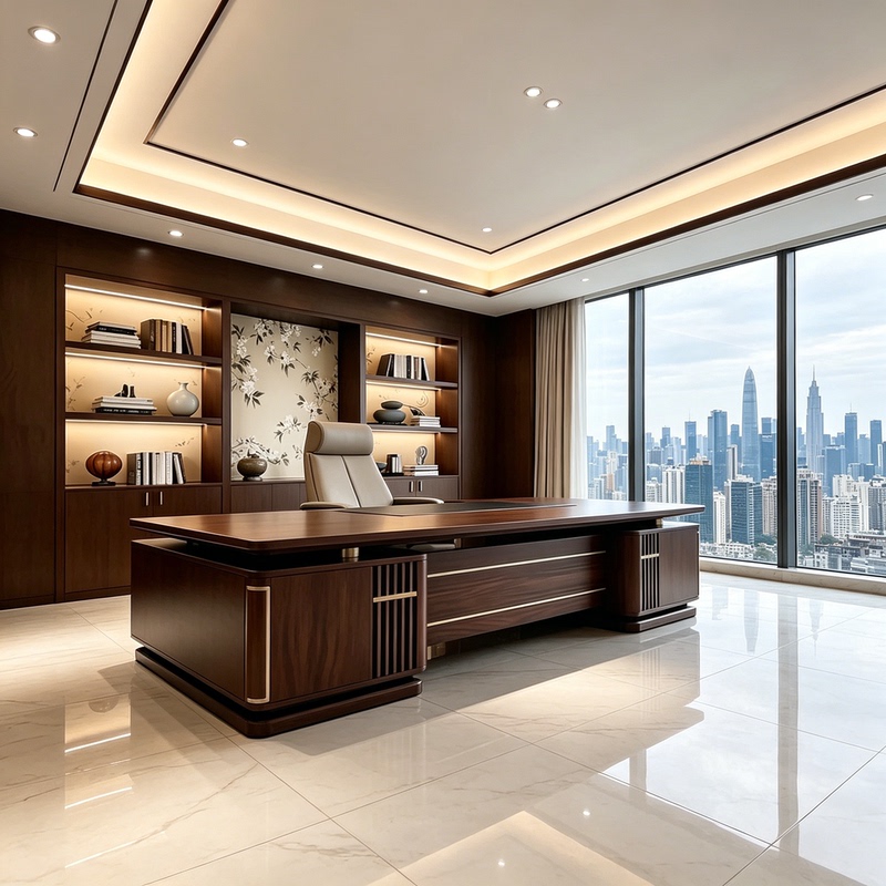 New Chinese-Style Walnut Wood Vertical Grille with Copper and Gold Lines, Double Side Cabinets with Lights, Floral Background Bookshelf, Executive Desk New Chinese-Style Walnut Wood Vertical Grille with Copper and Gold Lines, Double Side Cabinets with Lights, Floral Background Bookshelf, Executive Desk