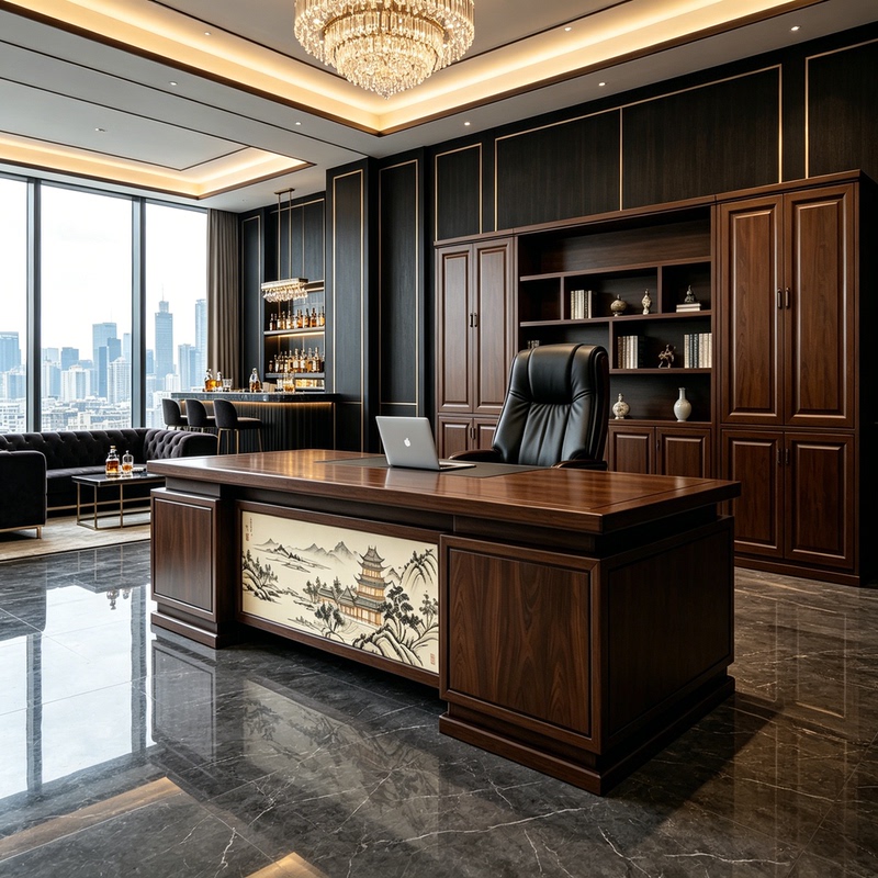 New Chinese-Style Landscape Painting Panel Walnut Wood Executive Desk, Square Solid Wood Ceo Desk