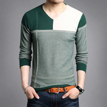 Spring and autumn new V-collar men long sleeves T-shirt slim fit striated bottom knitted undershirt large code wave mens clothing line clothes