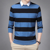 Round collar sweater mens spring and autumn season Korean version trendy striped underknitted sweatshirt harbor wind sweaters sweatshirt sweater