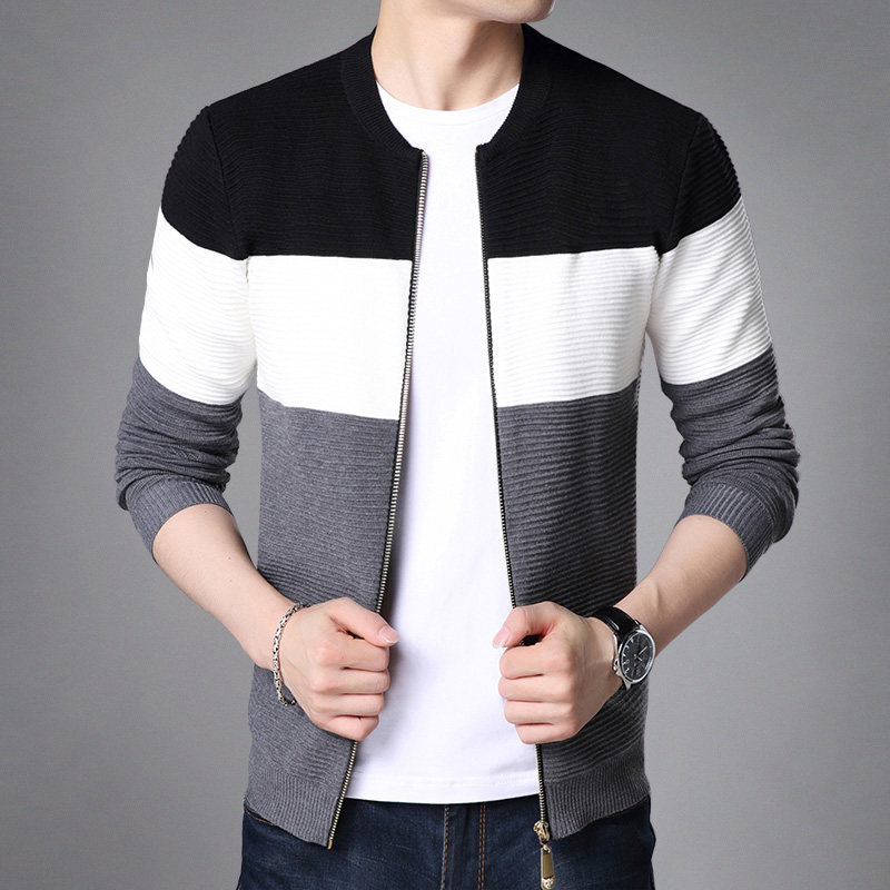 Autumn new men's long-sleeved knitwear thin zipper cardigan Striped sweater outside wear sanitary clothes Round neck T-shirt tide