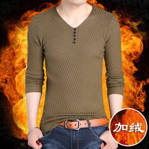 Autumn and winter mens hooded sweaty clothes mens body pure color line clothes plus suede thickened v collar long sleeves bottom needle weaves