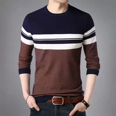 Autumn new men's long-sleeved T-shirt striped sweater thin slim sweater base shirt round neck sanitary shirt small shirt