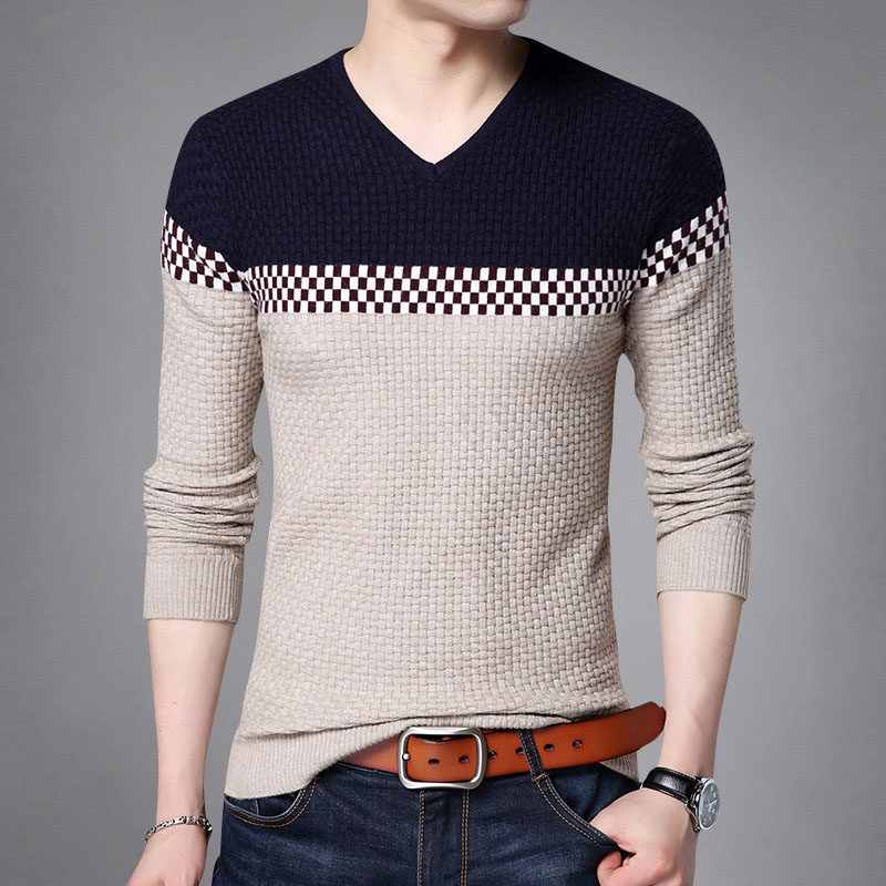 Fall new men's long sleeves T-shirt striped checkered slim fit Korean version of the youth V collar bottom knit undershirt tide