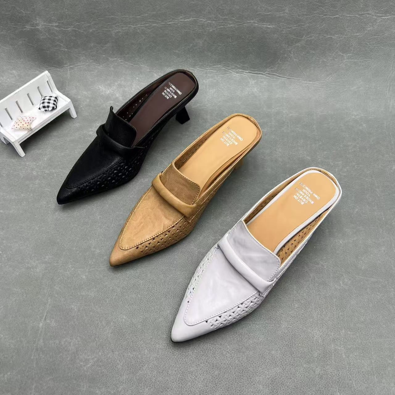 Heel Height 5cm A302-E390 Thin Heel High-Heeled Fashionable Open-Toe Genuine Leather Women's Slippers Handmade Half-Slipper New Heel Height 5cm A302-E390 Thin Heel High-Heeled Fashionable Open-Toe Genuine Leather Women's Slippers Handmade Half-Slipper New