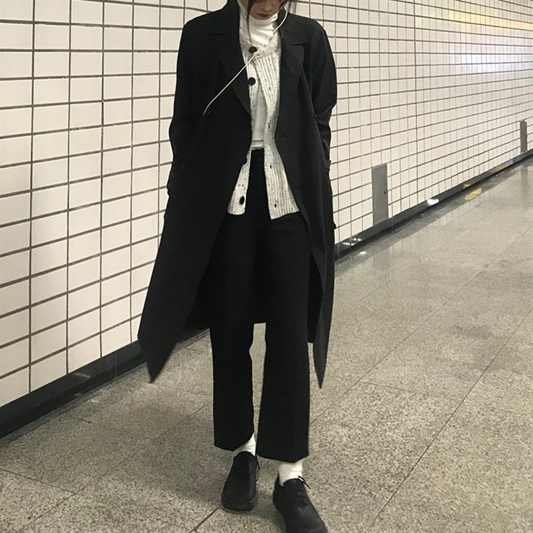 Autumn Winter new retro port Wind in long version over knee Han version Xianthin chic tennis red black suit jacket big coat woman