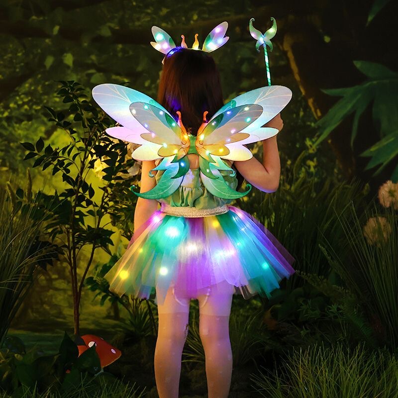 Glowing Elf Angel Wings Back Decoration 2025 New Children's Butterfly Costume Props Performance Puffy Skirt New Year Gift
