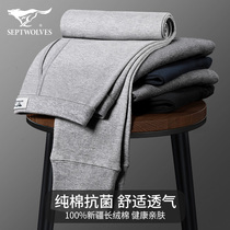 Seven Wolves Mens Pure Cotton Wool Warm Pants Han Edition Autumn Pants Wire Pants Thin trendy relaxation Young students Spring Fall