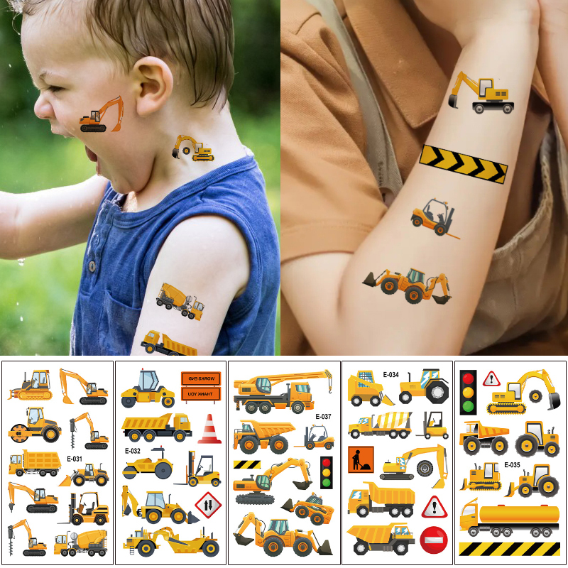 Excavator Children's Tattoo Stickers, Construction Vehicle Cartoon, Mixer, Digging Stickers, Boys and Girls Car Traffic Watermark Stickers