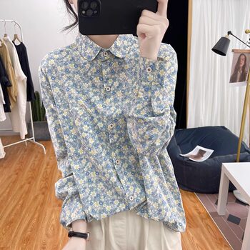Yuanbao collar ຝ້າຍບໍລິສຸດຂະຫນາດນ້ອຍ floral ເສື້ອແຂນຍາວຂອງແມ່ຍິງເກົາຫຼີວ່າງອາຍຸການຫຼຸດຜ່ອນການເທິງ retro slimming bottoming ເສື້ອພາກຮຽນ spring