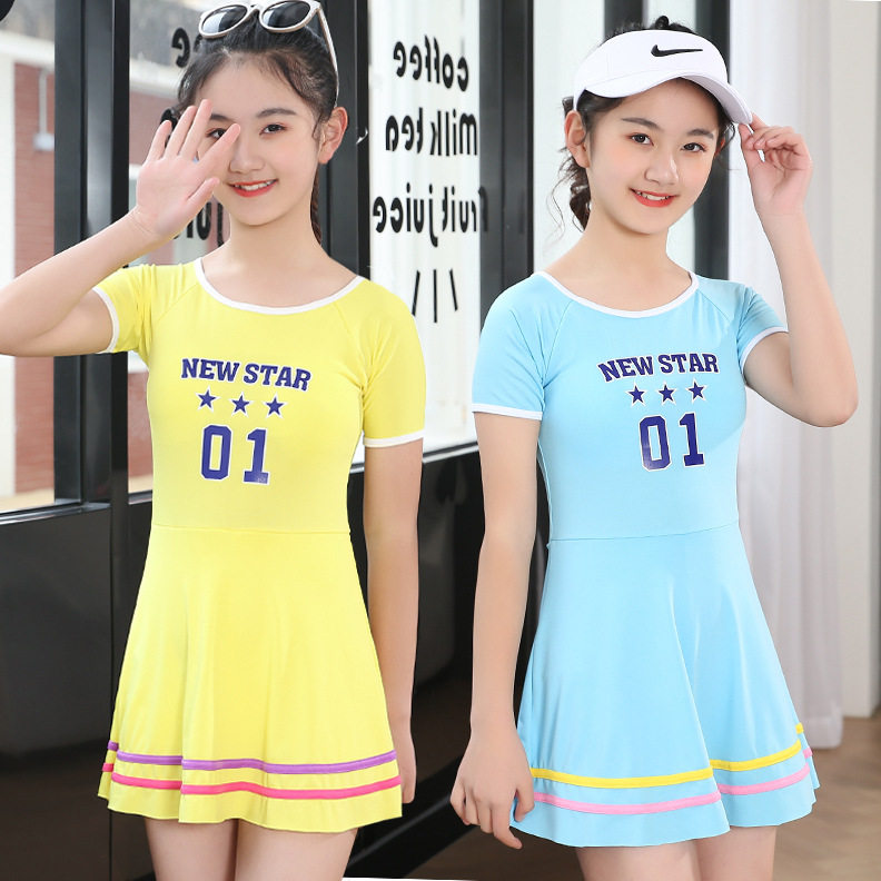 Children's swimsuit one-piece short-sleeved sun protection quick-drying swimsuit for girls, middle and large children outdoor beach hot spring swimsuit sports