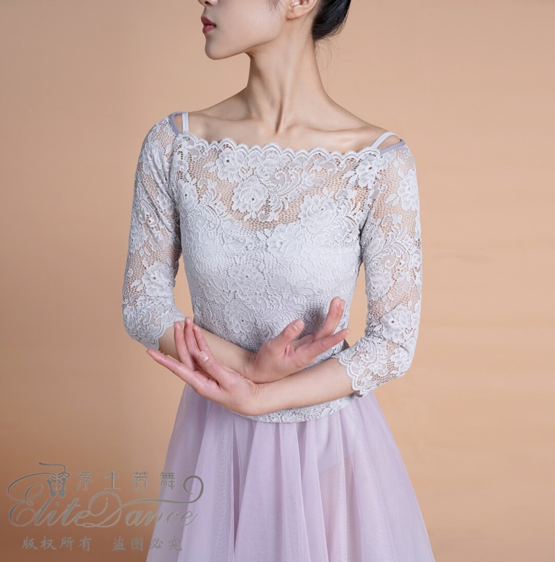Floating dance elegant one-word collar lace top Ballet dance yoga warm body suit outside 2020FW08